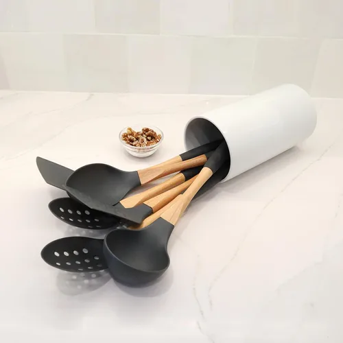 Miniatura 6 de Beille 5 utensilios de cocina de madera de nailon gris oscuro con cucharas de cocina, cucharón de sopa, cuchara espumadera y espátula, 13 pulgadas