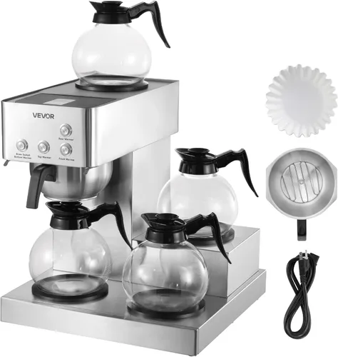 Miniatura 10 de VEVOR Cafetera comercial de goteo, cafetera de 12 tazas con 2 jarras de vidrio y 2 platos calentadores de decantador, cafetera de acero inoxidable
