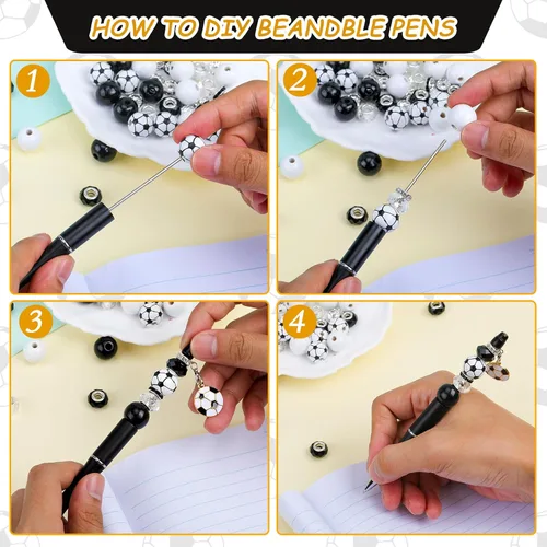 Miniatura 4 de 12 piezas de bolígrafos con cuentas a granel, bolígrafos con cuentas DIY, colgante de fútbol, bolígrafos con cuentas de tinta negra, kit de regalo