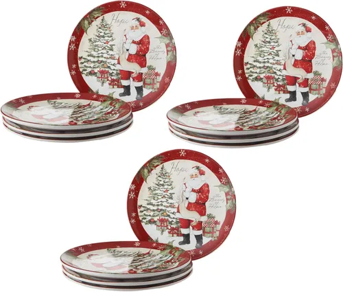 Miniatura 4 de Holiday Wishes - Juego de 4 platos de cerámica vintage de Papá Noel con Peace Love Joy Hope, vajilla festiva para comidas familiares