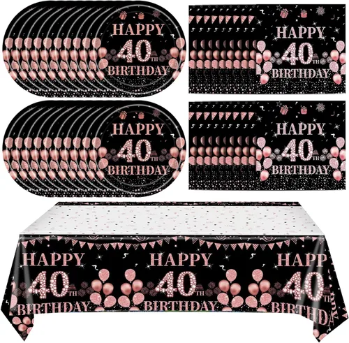 Miniatura 23 de Ryzovo - Decoraciones de cumpleaños 50 para mujer, platos de papel desechables negro y oro rosa, suministros de fiesta para 20 invitados, 41 piezas