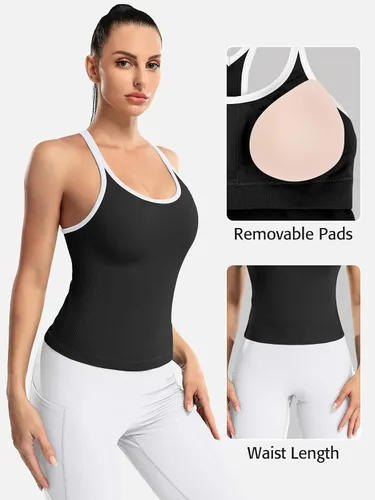 Miniatura 106 de ATTRACO Camiseta corta acanalada de entrenamiento para mujer con brasier integrado para yoga, espalda cruzada, ajuste ajustado