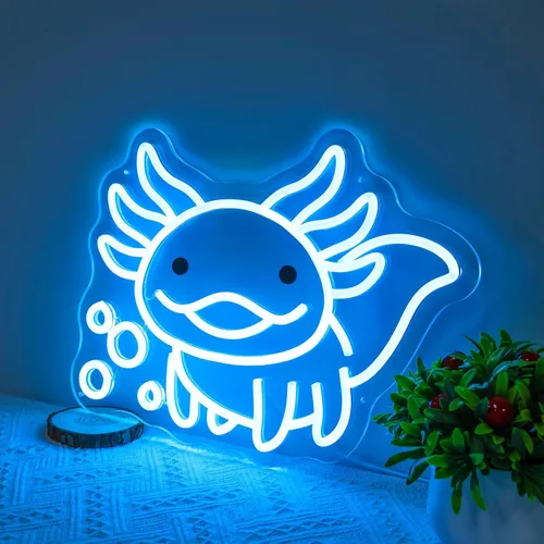 Miniatura 8 de Axolotl - Letrero de neón para regalos de niños y niñas, letrero LED de ajolote azul hielo alimentado por USB, letrero de luz nocturna regulable