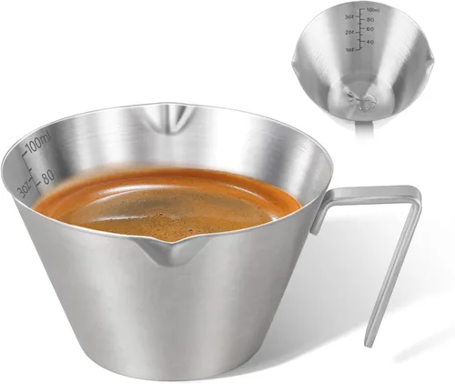 Miniatura 14 de 2 piezas de tazas de espresso de acero inoxidable con asa, taza medidora de metal de doble boquilla con doble escala, taza de espresso con boca