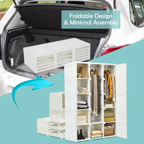 Miniatura 8 de Tangkula Armario Closet Portátil, Organizador de Ropa Plegable con Almacenamiento de Cubículos, Varillas para Colgar, Fácil de Ensamblar