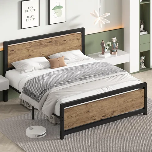 Miniatura 7 de Catrimown Base de cama Queen con cabecero, marco de cama de plataforma de metal Queen con soporte de listones de acero, espacio de almacenamiento