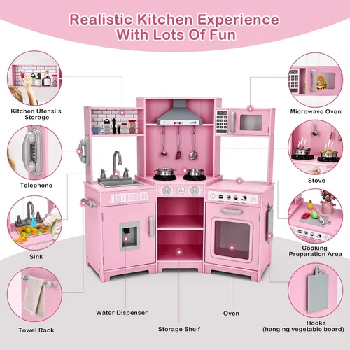 Miniatura 3 de JOYLDIAS Cocina de Juego para Niños, Set de Juguetes de Cocina de Madera de Esquina de Mentira para Niños Pequeños con Luces y Sonidos Realistas