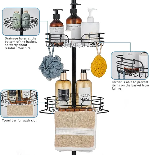Miniatura 4 de WPT Soporte organizador de ducha negro para baño, organizador de ducha esquinero de acero inoxidable para almacenamiento de champú en la tina