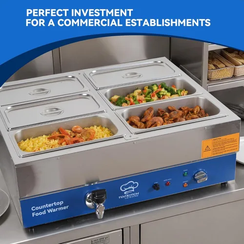 Miniatura 5 de TOPKITCH Calentador de alimentos comercial de 6 bandejas, Baño María eléctrico de acero inoxidable para encimera, mesa de vapor para buffet