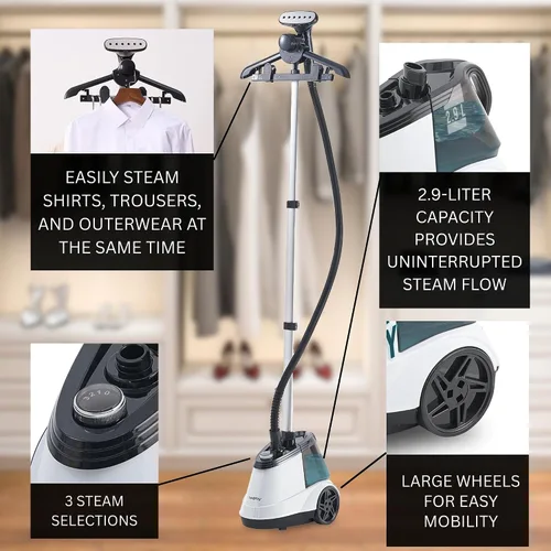 Miniatura 2 de True & Tidy® Vaporizador profesional para ropa comercial con tanque de agua extra grande de 3 litros (101 onzas), resistente con 3 ajustes de vapor