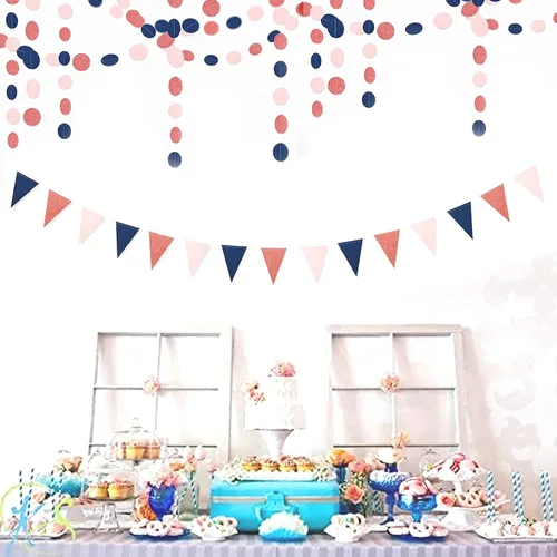 Miniatura 2 de Banderín de papel azul marino, rosa y oro rosa, paquete de 2 banderines de triángulo con purpurina, 52 pies de revelación de género colgante