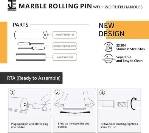 Miniatura 7 de JEmarble Asas de madera negra (calidad premium), superficie pulida de 18 pulgadas (barril de 10 pulgadas), piedra auténtica, antiadherente, ahorra