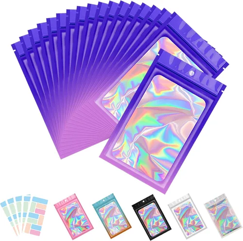 Miniatura 12 de Paquete de 100 bolsas de Mylar con ventana transparente, holográficas, a prueba de olores, para pequeñas empresas, bolsas resellables
