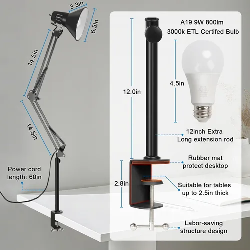 Miniatura 3 de Lámpara de escritorio con abrazadera LED, lámpara de escritorio con brazo oscilante ajustable de 360°, luz de abrazadera con bombilla LED que cuida