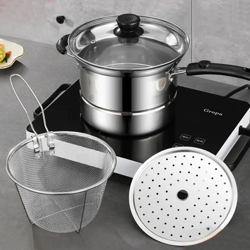 Miniatura 2 de Olla de acero inoxidable de 8.6 pulgadas con cesta y tapa, estante de vapor para cocinar versátil, uso en interiores y exteriores, cocina