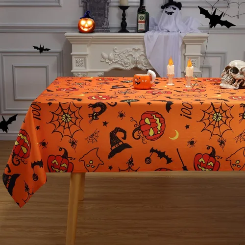 Miniatura 3 de CAROMIO Mantel de Halloween, tela de araña y calabaza, mantel impermeable de telaraña de murciélago y fantasma, decoración de mesa de Halloween