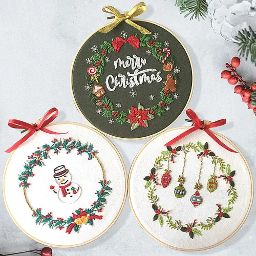 Kit de bordado de Feliz Navidad, adornos de muñeco de nieve, corona, Awesocrafts gama completa de kits de bordado para principiantes y adultos,