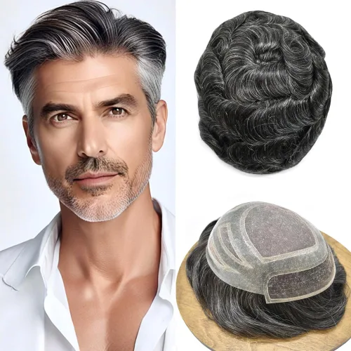 Miniatura 26 de Sistema de cabello frontal de encaje francés para hombres, tupé duradero para hombre, línea capilar natural, fino mono tupé para hombres, protesis
