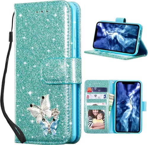 Miniatura 23 de UEEBAI Funda tipo cartera para iPhone 11, funda de piel sintética con purpurina para teléfono, ranuras para tarjetas, funda con función atril