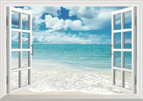 Miniatura 7 de FLFK Adhesivo de pared con ventana falsa - Mural de pared con ventana falsa de atardecer en la playa para decoración de pared, adhesivos de pared