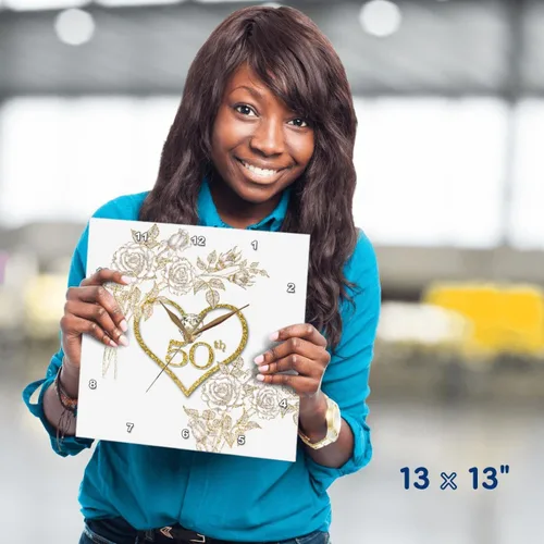 Miniatura 3 de 3dRose 50º aniversario de bodas de oro en oro sintético con purpurina en corazón sobre blanco, reloj de pared de 13 x 13 pulgadas