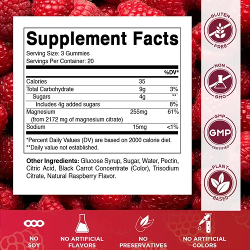 Miniatura 2 de Vitamatic Gomitas de magnesio extra fuertes, 255 mg (magnesio elemental) por porción, 60 gomitas veganas que apoyan la relajación, la función