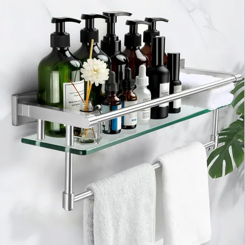 Miniatura 6 de Estante de baño de vidrio con barra para toallas, barra para toallas de acero inoxidable templado/estantes de baño de vidrio templado con riel
