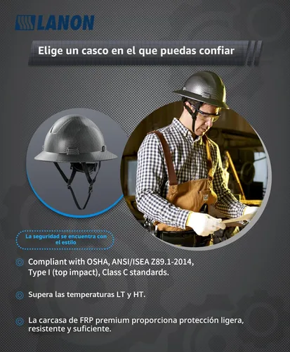 Miniatura 3 de LANON Casco duro de ala completa, aprobado por OSHA para trabajos de construcción, diseño gris carbón de alta calidad, casco de seguridad FRP
