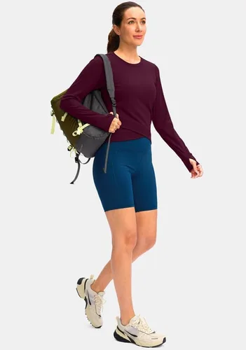 Miniatura 6 de SANTINY Camiseta de compresión atlética de manga larga para mujer, con dobladillo cruzado, para correr, gimnasio, yoga, con agujero para el pulgar