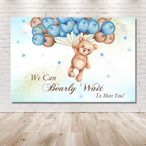 Miniatura 6 de MEHOFOND Telón de fondo de baby shower con texto en inglés "We Can Bearly Wait to Meet You" de 10 x 7 pies, globos azules y marrones, purpurina