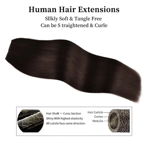 Miniatura 5 de Extensiones de cabello humano Remy de 12 pulgadas, 2.47 onzas, 7 unidades, 16 clips, lacio, grueso, 100% real, para mujer, color marrón oscuro #2