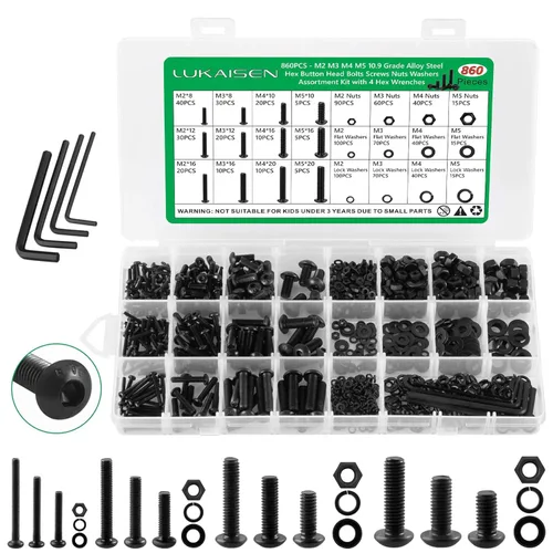 Miniatura 16 de Surtido de 1500 piezas de tornillos, tuercas y arandelas, kit de pernos y tuercas métricos M2 M3 M4 M5 M6 con cabeza hexagonal de casquillo, acero