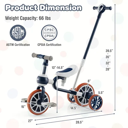 Miniatura 6 de BABY JOY Triciclo 4 en 1 para niños de 2 a 4 años, triciclo de equilibrio para niños con asiento ajustable y mango de empuje, pedales extraíbles