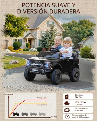 Miniatura 6 de First Ride On Juguetes de paseo de 24V para niños grandes, Ford F-150 Raptor con licencia de 2 asientos, auto de paseo para niños con control Negro