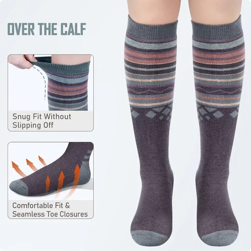 Miniatura 4 de 2 paquetes de calcetines de esquí de lana de merino, sobre la pantorrilla (OTC) antideslizantes para hombres y mujeres