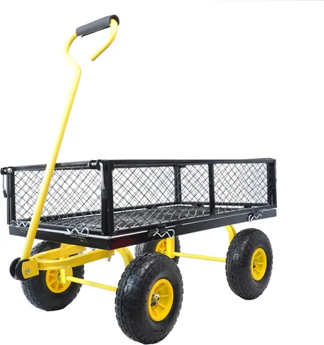 Miniatura 9 de Carrito de jardín de acero con lados extraíbles, carrito de patio resistente de 550 libras con mango giratorio de 180° y neumáticos de 10 pulgadas