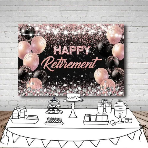Miniatura 4 de MEHOFOND Telón de fondo para fiesta de jubilación, color oro rosa y plateado, felicitaciones de retirada, fotografía de fondo, globos con purpurina