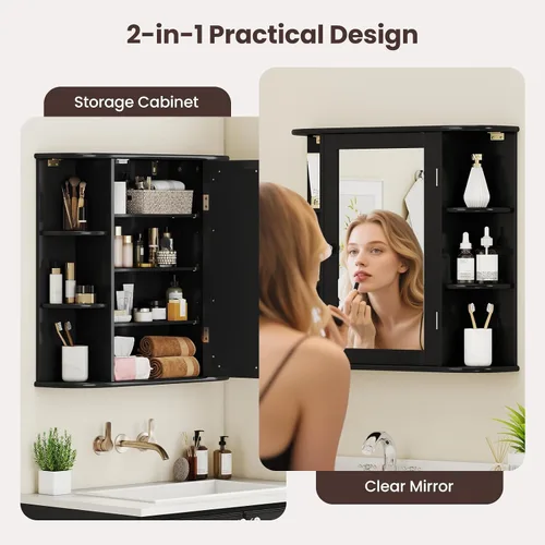 Miniatura 5 de Giantex Armario con espejo de baño, botiquín montado en la pared con puerta de espejo y 4 estantes interiores, 6 estantes abiertos, accesorios