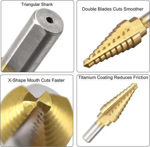 Miniatura 3 de uxcell Broca escalonada HSS4241 1/4" a 3/4" 9 tamaños flautas rectas vástago triangular para metal madera plástico
