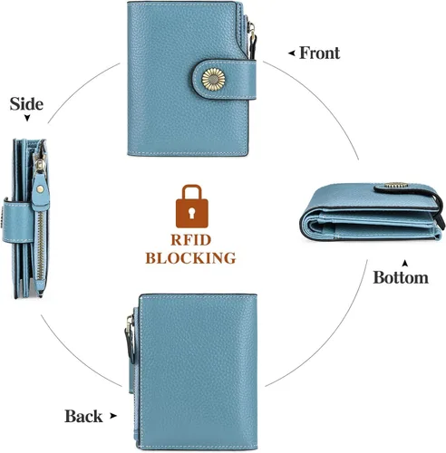 Miniatura 4 de FALAN MULE Cartera pequeña para mujer, de piel auténtica, plegable, compacta, con bloqueo RFID, pequeña cartera para mujer, AA-Azul claro, Moda