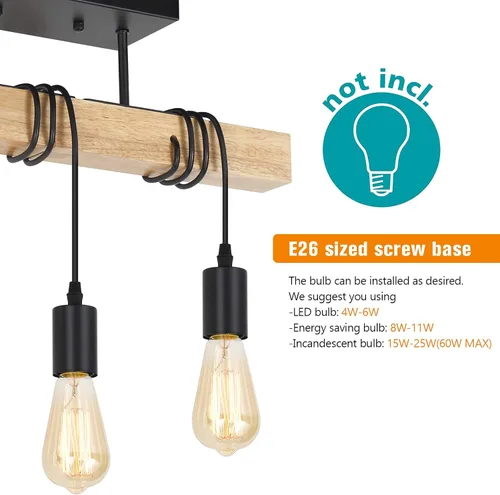 Miniatura 4 de Lámpara de Techo Estilo Granja de 3 Luces de Madera Montaje Semi Empotrado Luminaria de Techo Industrial para Dormitorio, Sala de Estar, Entrada