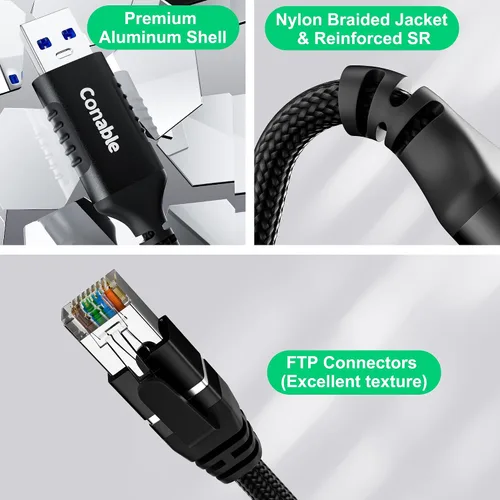 Miniatura 5 de Cable USB a Ethernet de 1 pie, cable USB 3.0 tipo A a RJ45, adaptador USB a red de Internet LAN, Gigabit, conectado directamente, aluminio