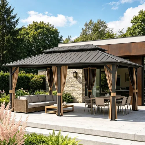 Miniatura 18 de Cenador de techo rígido de 12'x16', Cenador de patio de aluminio para exteriores con toldo de acero galvanizado de doble techo con malla y cortinas
