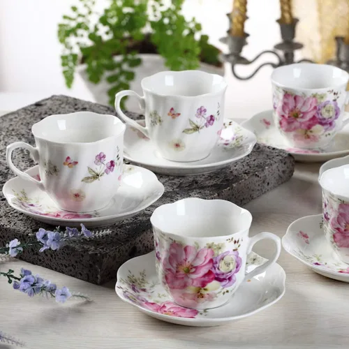 Miniatura 7 de GuangYang Juego de 6 tazas de té y platillos de porcelana de 7 onzas, diseño floral rosa, elegante juego de regalo para amantes del té, café