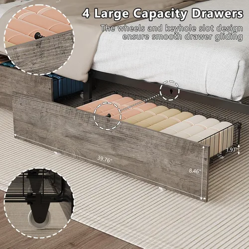 Miniatura 6 de VINGLI Base de cama LED Queen con 4 cajones de almacenamiento y estante de cabecera ajustable, plataforma de metal con estación de carga para niños