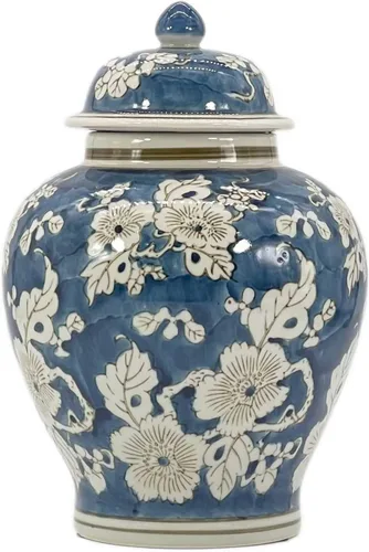 Galt International Tarro de jengibre chinoiserie de flores azules y blancas de 12 pulgadas con tapa de jengibre, tarro decorativo de almacenamiento