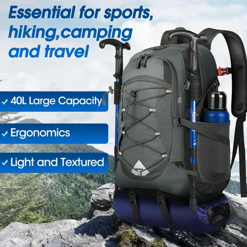 Miniatura 7 de IGOLUMON Mochila de senderismo de 40 L, plegable, ligera, mochila de camping para hombres y mujeres, impermeable, mochila de senderismo al aire Gris