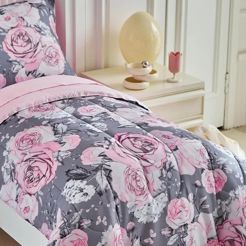 Miniatura 4 de Juego de ropa de cama gris de 4 piezas para niños y niñas, flores rosas ultra suaves con hojas blancas en una bolsa, juego de edredón, sábana