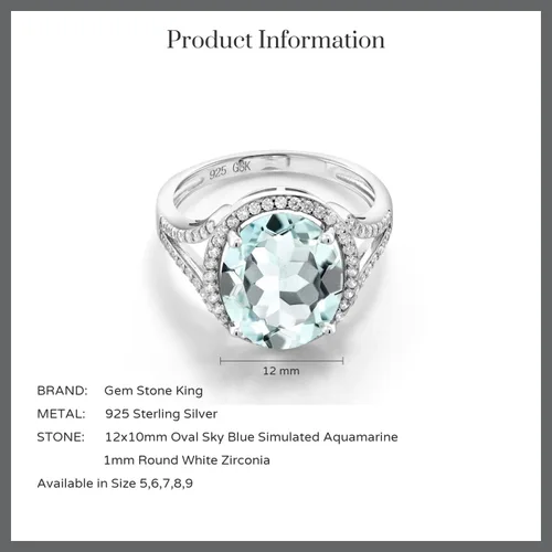 Miniatura 5 de Gem Stone King Anillo de compromiso de plata de ley 925 con aguamarina simulada azul cielo para mujer