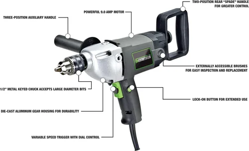 Miniatura 2 de Genesis Taladro eléctrico de 1/2 pulgada y 9.0 amperios de velocidad variable con botón de bloqueo, mango auxiliar de tres posiciones, mango de pala